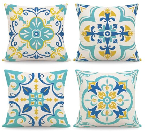 NymphFable Mediterrane Boho Kissenbezüge in Leinenoptik 45 x 45 cm, 4er Set