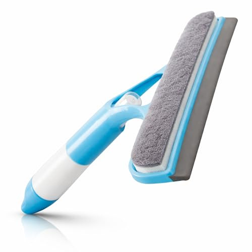 Limpiacristales con Spray 2 en 1 con Depósito Integrado – Limpiador de Ventanas con Microfibra y Goma – Sin Rayas para Cristales, Espejos, Ducha y Coche – Mango Ergonómico