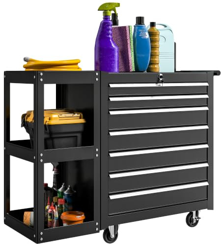 HOMCOM Carrello Porta Attrezzi in Acciaio con Serratura 7 Cassetti Nero | Carrello Portautensili da Officina, Mensola Laterale Staccabile, Ruote, Maniglia, Capacità 120kg
