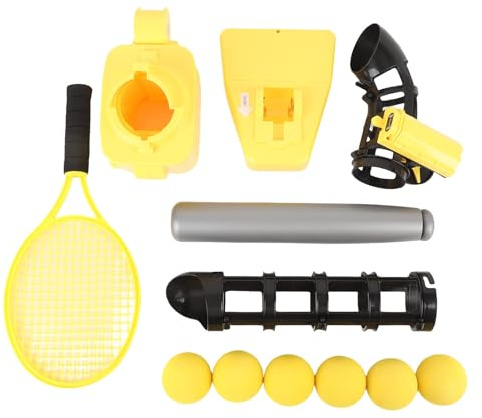 2 in 1 Auto Baseball Tennis Pitching Machine Set Automatic Pitcher with Baseballs Bat Tennis Racket for Indoor Outdoor Sports Game Training Youth Kids EVA Material 6 Balls 2 Tracks (Yellow)