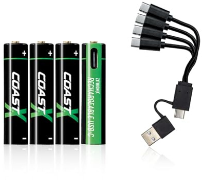 Coast AAA USB-C Akkus, ZITHION-X, Lithium-Ionen 1,5V 750 mAh, Langlebig, Lädt in 1.3 Stunden, Ladekabel Inklusive, 4er-Pack