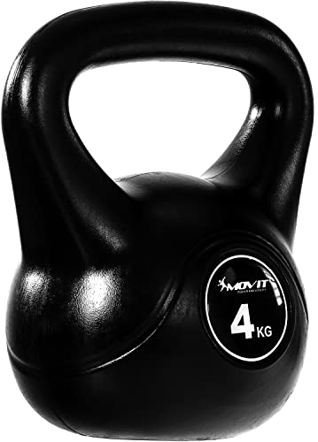 MOVIT Kettlebell BASIC BLACK, Kugelhantel mit Bodenschonender Kunststoffhülle, 1 bis 20 kg, Schadstoffgeprüft, 4 kg