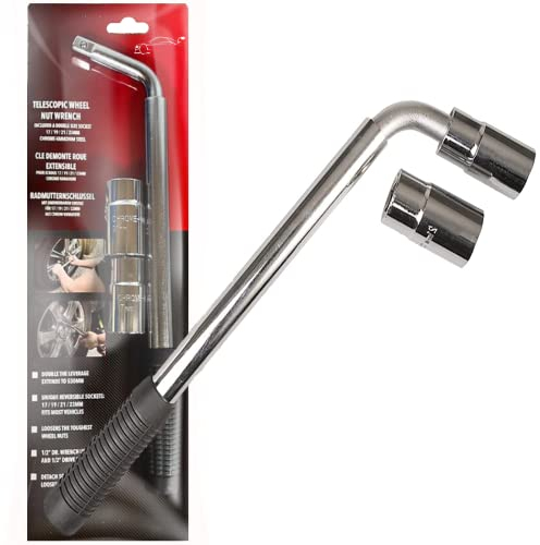 XtremeAuto Wheel Brace for Car, Universal Telescopic Wheel Wrench, 17mm, 19mm, 21mm & 23mm with Reversible Sockets, Extendable Car Lug Wrenches, Compact Emergency Car Breakdown Essential