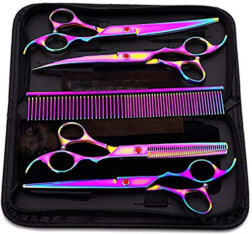 Powcan Pet Grooming Scissors Set, Professional Pet Trimmer Kit Stainless Steel Dog Cat Hair Care Thinning 7-inch Cutting Scissors, Thinning Shear, Curved Scissors, Grooming Comb