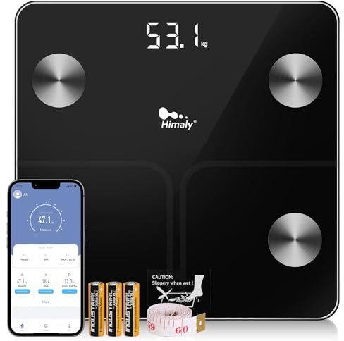 himaly Báscula de grasa corporal inteligente digital compatible con Bluetooth, báscula para grasa corporal, peso, peso corporal, IMC, agua corporal, masa ósea, calorías, grasa visceral, báscula de