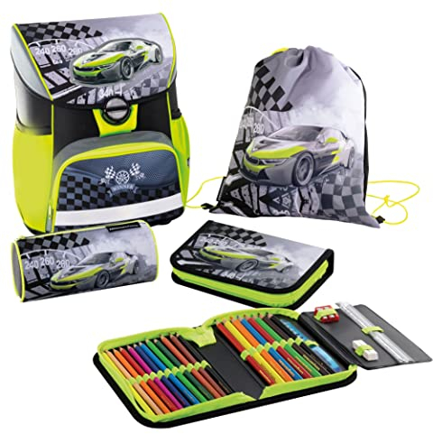 Eberhard Faber 577615 - Schulranzen Set Race Car, EFAlino, 4-teilig, mit Schulrucksack, Schüleretui, Schlamperrolle und Turnbeutel, Neon-gelb & Grau