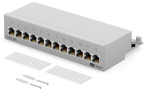 HB-DIGITAL 12-port CAT 6a LSA Patchpanel geschirmt Verteilerfeld Desktop & Wandmontage Patchfeld 12x RJ45 Buchsen für Netzwerk Ethernet LAN Kabel mit Erdungskabel - Hellgrau