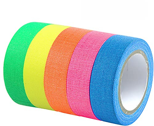 smatime Fluorescent Cloth Tape, 5 Rolls Fluorescent Cloth Tape Luminous Neon Gaffer Tapes Self Adhesive UV Blacklight Reactive Spike Tape Glow in the Dark Light Party Supplies(12.7mm x 5 m per Roll)