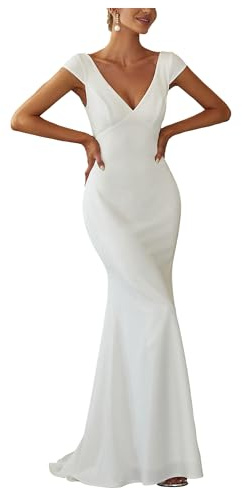 Ever-Pretty Women's Sleeveless V-Neck Open Back Lace Simple Mermaid Sweep Train Wedding Dress White US10