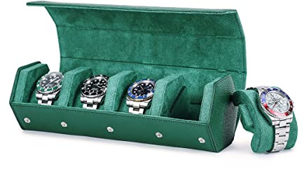 Hiram Genuine Leather Saffiano Leather Watch Roll Travel Case, Leather 4-Watches Roll Case for Treasured Watches and Bracelets(Green)