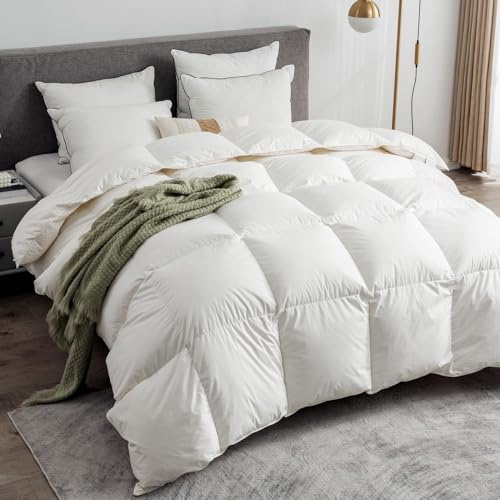 Ltinhome Feathers & Down Comforter, Organic Duvet Insert, 100% Cotton Shell, Ethically-sourced Feathers and Down Filler, All Season Warm, Queen Size, White