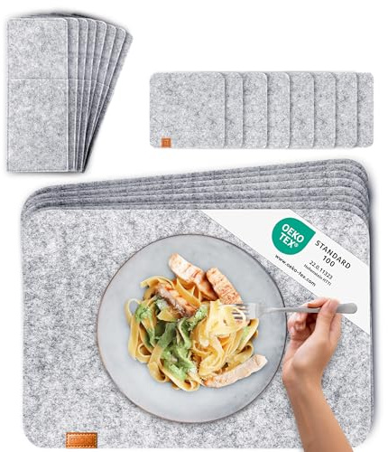 MIQIO Tischset aus Filz - 24er Tisch Untersetzer-Set - Filz Tischset abwaschbar - 8 Platzsets, Glasuntersetzer, Bestecktaschen | hellgrau | Filzuntersetzer eckig - Platzdeckchen für Weihnachten