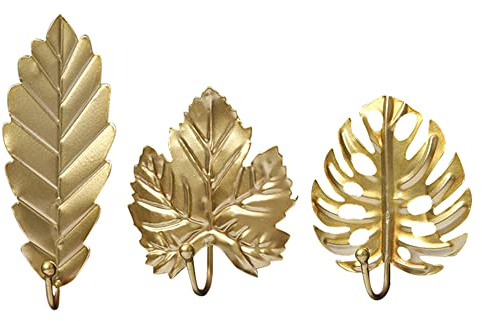 BYNYXI 3er Set Wandhaken Vintage Shabby, Eisenhaken Wandhaken Ohne Bohren Garderobenhaken Vintage Golden Blattförmiger Haken Rustikal Metall Schlüsselhaken Kleiderhaken Handtuchhaken Dekohaken