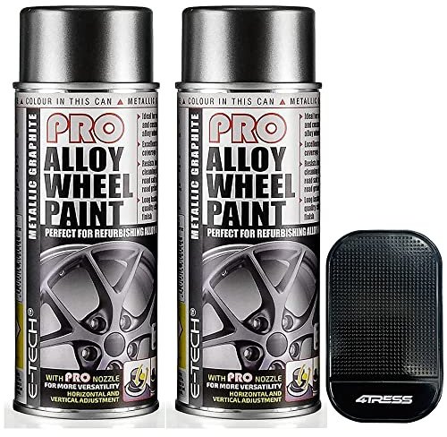 4TRESS E Tech 2 x 400ml PRO Metallic Graphite Grey (702) Alloy Wheel Spray Paint Non Slip Car Dash Mat