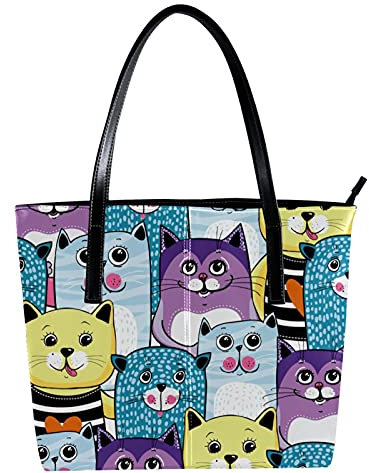 Schultertasche Leichte Casual Schultasche Lehrertasche Handtasche Geldbörse Blau Lila Gelb Cartoon Katzenmuster, Mehrfarbig