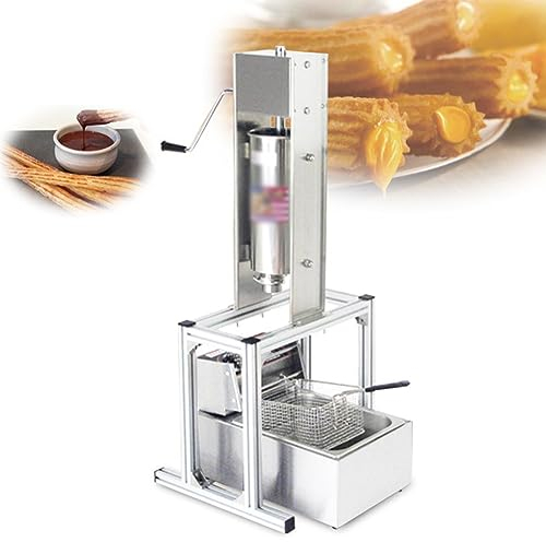 FURLOU 5L Commercial Spanish Donut Churrera Churro Maker Machine with 5 Molds, Stainless Steel Vertical Spanish Donut Churros Machine Maker Snack Equipment with 6L Electric Deep Fryer and Stand