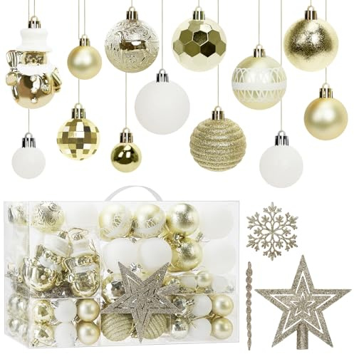 105 Stück Weihnachtsbaumkugeln Ornamente Set, Weihnachtsbaum Dekorationen | Christbaumkugeln mit Kugeln, Sterne, Schneeflocken Dekoration Weihnachten, Hochzeit, Party Dekorationen, Gold Weiß