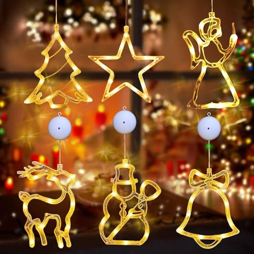 6er Set LED Saugnapf Weihnachten Lichter,LED Fenster Hängende Lichterkette,Fenster Lichterkette Batteriebetriebene Mit Saugnäpfe,Weihnachtsbeleuchtung Hängende für Weihnachten Deko,Balkon,Party