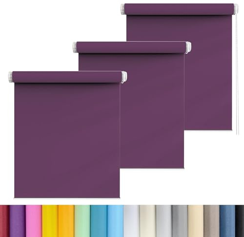 Verdunklungsrollo ohne Bohren Klemmfix 60 x 200 cm Hitzeschutz und Sichtschutz Deckenmontag Seitenzugrollo Inkl Montage-Teile, für Büro, Badezimmer, Lila