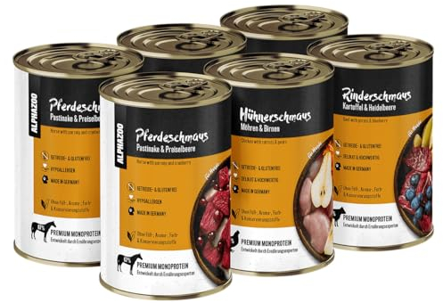 alphazoo Hundefutter nass Mixpaket XL 6 x 400 g I Premium Nassfutter für Hunde I Getreidefrei & mit hohem Fleischanteil I Schmaus Adult ohne Getreide und Zucker I Ausgewachsene Hunde & Welpen