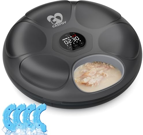 Casfuy Automatic Cat Feeder Cordless - Automatic Cat Food Dispenser for Wet Moist Food with 4 Ice Packs Rechargeable Auto Feeder for Cats Small Dogs with Programmable Timer Low Battery Indicator