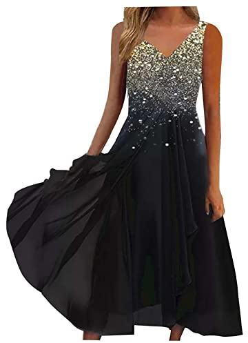 Sommerkleid Damen V Ausschnitt Abendkleid Lang Kleid Elegant Chiffon Swing Cocktailkleid Ärmellos Maxikleid Festlich Kleider für Frauen Hochzeitsgast Abendkleider Brautjungfernkleider Partykleid