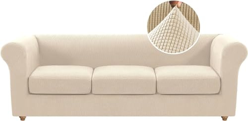 LINGKY Stretch Chesterfield Sofa Überzug 3 Sitzer, Elastischer Sofabezug Mit 3 Separaten Sofa Sitzkissenbezug, Elasthan Couch Überzug, Sofaschutz Katze Sofaüberwurf (Natürlich,3 Sitzer)