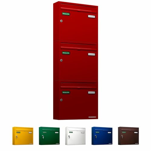 AL Briefkastensysteme Basic 3er Briefkasten RAL 3000 Feuer Rot 3 Fächer DIN A4 wetterfest Briefkastenanlage mit Posthaltebügel und 2 Namensschildern