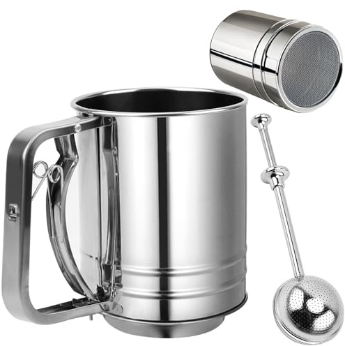 Flour Sifter Stainless Steel 3 Double Layer Fine Mesh Sifter Flour Strainer 3 in1 Sifters for Baking, Powdered Sugar Shaker Duster for Baking Cakes, Pastries, Pies, Cupcakes