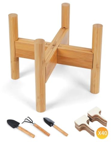 Ecochre Adjustable Plant Stand Indoor, Bamboo Plant Stand with Plant labels 40Pcs, plant holders indoor stand Mid Century Modern Planter Stand with T-Type Wooden garden plant markers