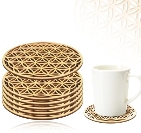 LURNODY 6 Pezzi Fiore Della Vita Sottobicchieri Legno 10x10CM Sottobicchieri per Bevande, Riutilizzabile, Adatto per Tavolino, Bar, Ufficio, Cucina, Decorazione Della Scrivania di Casa