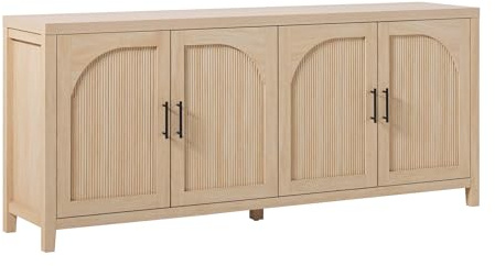 Walker Edison Sasha 4-Door Reeded Sideboard Buffet with Cord Management, 70 Inch, Coastal Oak