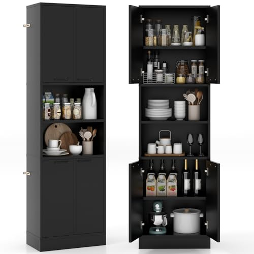 COSTWAY Buffet Cuisine Haut 190 Cm, Meuble De Rangement Avec 2 Placards, 2 Doubles Portes, 6 Étagères, Kits Anti-Basculement, Vaisselier Noir Pour Salle De Bain