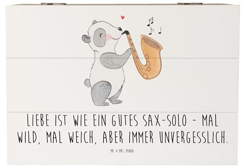 Mr. & Mrs. Panda 22 x 15 cm Holzkiste Saxophon Liebe - Geschenk, Jazz, Blues, Erinnerungskiste, Aufbewahrungsbox, Emotionen, Musikliebhaber, Solo,