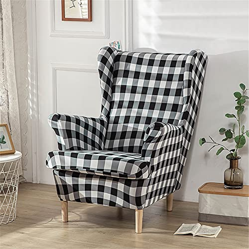 LinFortune Stretch Bezüge für Ohrensessel 2 Teilig Ohrensessel Schonbezug für Sessel moderner Spandex Sessel Sofabezug für Wohnzimmer und Schlafzimmer (schwarz weiß kariert)