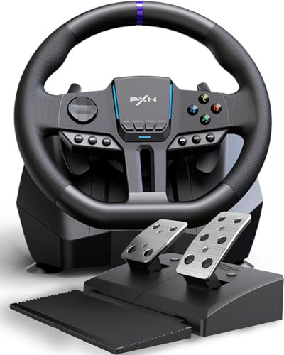 PXN V900 Gen2 Gaming Lenkrad mit Pedalen – 16 Bit, 280mm, 270°/900°, Vibrationsfeedback, Hall-Effekt-Pedale, Schaltwippen, Companion-App, Klemmen – Lenkrad für PC, Xbox, PS4, PS3 und Switch