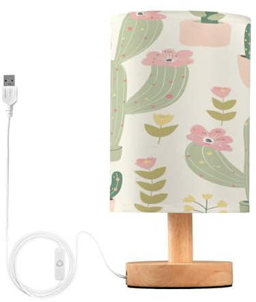 SKYSHU Lampada da comodino a forma di cactus, piccola lampada da scrivania a LED USB, con base in legno antiscivolo e paralume per soggiorno, camera da letto, dormitorio, casa, ufficio, decorazione