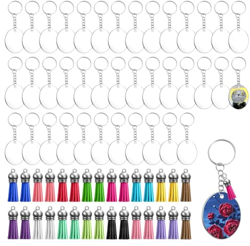 UOCAI 120 Stück Acryl Schlüsselanhänger, Acryl Transparent Kreis Schlüsselbund Set mit Schlüsselanhänger Rohlinge Schlüsselbund Transparente Rohlinge mit Löchern