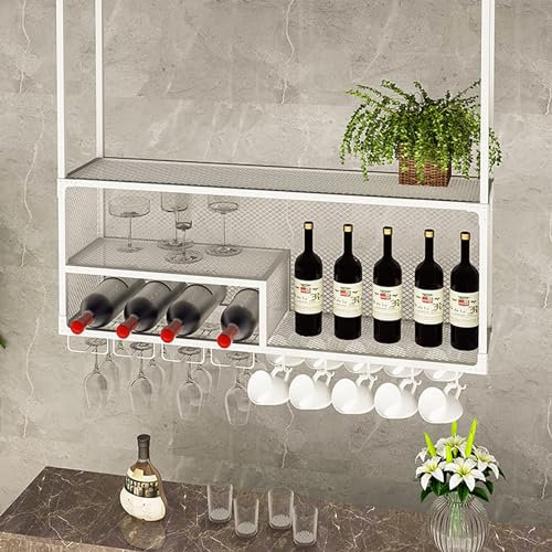 DOUYRN Hanging Wine Rack with Glass Holder and Shelf,Metal Ceiling Bar Wine Glass Rack,Industrial Wall Mounted Wine and Glass Rack,Iron Bottle Holder Wine Shelf for Bars Cafe Kitchen
