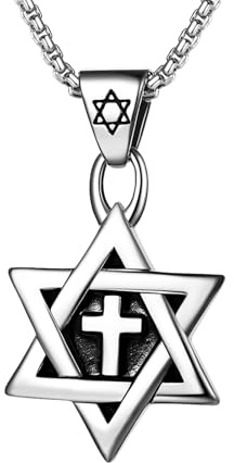 Flongo Star of David Cross Necklace: Classic Stainless Steel Hexagonal Star Pendant Necklaces with Cross Dainty Jewish Israel Jewelry for Men Women Silver