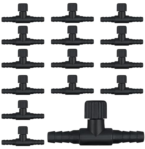 SNIRFAQM 15 Pcs Aquarium Air Control Valves for 3/16 (4mm) ID Airline Tubing Adjustable Black Plastic T Shaped Single Way Air Flow Regulator Air Pump Accessories for Fish Tank