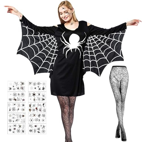 Smdbzda Spinnen Kostüm Damen, Halloween Kostüm Damen Spinnen Set, 1 Halloween Spinne Kostüm + 1 Spinnenstrümpfe + 10 Spinnenaufkleber, Spinnenkleid, für Erwachsene Halloween Fasching Karneval Cosplay