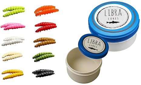 Libra Lures Larva 30mm Starter-Set – 20x Forellenköder Softbaits in 10 Farben mit Knoblauch-Aroma – Gummiköder Set + dichte Dose – Ideal zum Forellenangeln
