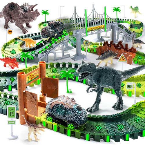 Pista Macchinine Dinosauro Giocattolo Autocarro Pista da Corsa Fai da te Giocattolo per Bambini con 2 Pezzi Dinosauri Auto per 3 4 5 6 Anni Ragazzi Ragazze compleanno festa favore regalo