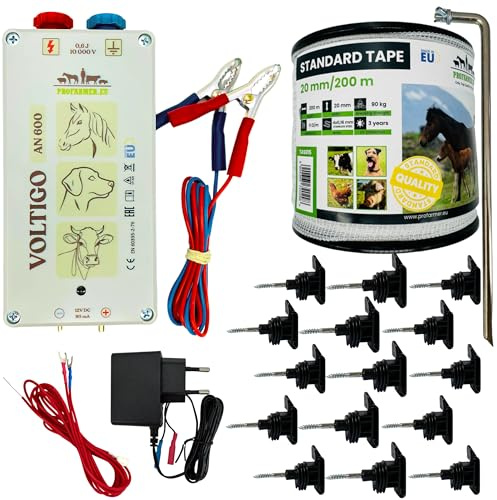 Komplettset Weidezaun 12V/230V Weidezaun Set mit Zaunband & Isolatoren für Pferde, Rinder, Kühe & Hunde – Elektrischer Gartenzaun Zubehör