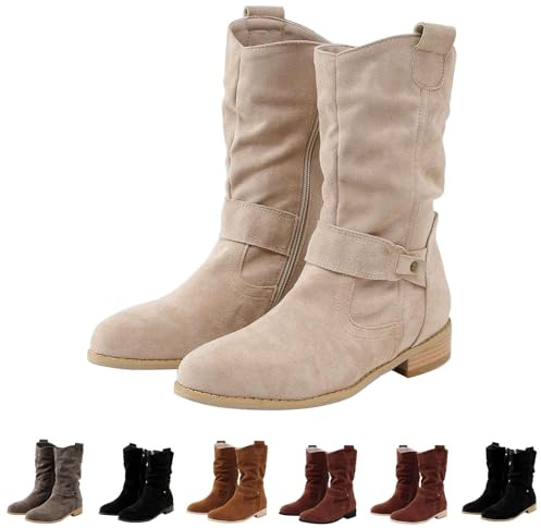 Bottines mi-hautes rétro vintage élégantes pour femme Chaussures mi-mollet militaires Fête Boots Talon bas Antidérapant Bottines à tige large Mode Bottine en daim pour l'hiver automne printemps