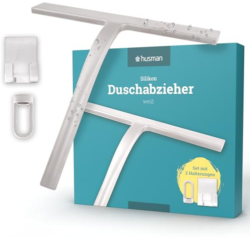husman Silikon Duschabzieher weiß | Abzieher Dusche Badezimmer Zubehör | Fensterabzieher Fensterwischer Set mit Halterung ohne Bohren für Duschwand | Fenster Scheibenabzieher Auto Bad Accessoires