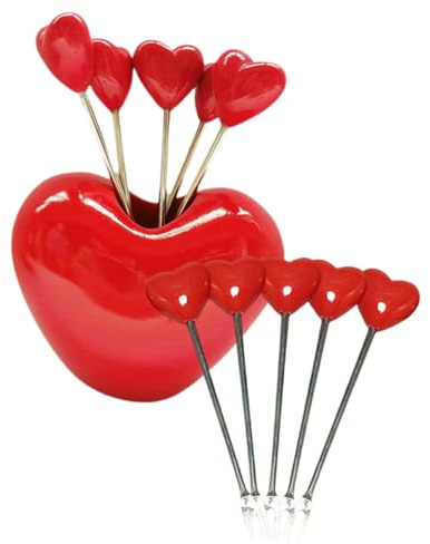 Homoyoyo Set 10 Forchette da Frutta in Acciaio Inox con Supporto a Forma di Cuore, Forchettine da Dessert Riutilizzabili per Cucina, Ristorante e Uso Domestico, Manico in Resina Colorata,