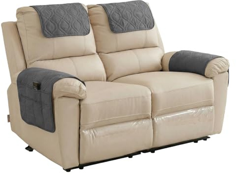 4PCS Sofa Armrest Cover, Anti-Slip Armchair Slipcover, Waterproof Quilted Recliner Sofa Cover Armchair Covers with Side Pocket Abrasion Furniture Protector for Arms Headrest for Pet (2 Seat/Dark Gray）
