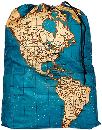 Kikkerland Travel-Size Laundry Bag, World Map Design Heavy Duty Laundry Bag, Polyester, Built-in Pouch, Inner Loop and Carabineer, Multicolor 41cm x 56cm